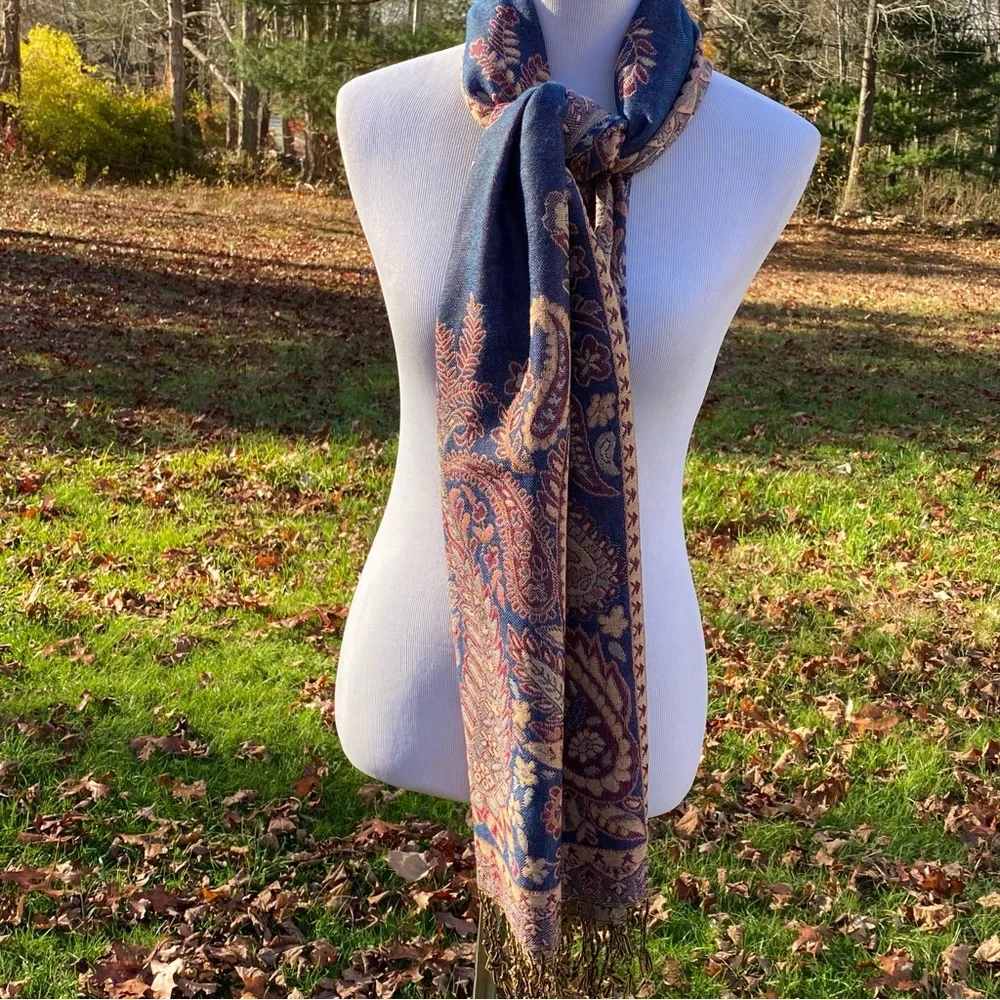 WAVERLY CELEBRATIONS SCARF WRAP PASHMINA BLUE TAN RED FLORAL PAISLEY LARGE